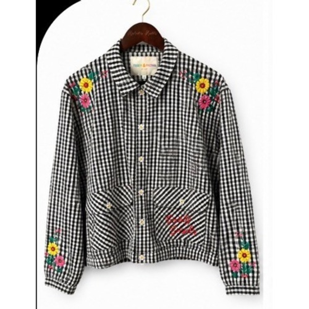 Teddy Fresh Gingham Jacket Womens Sz XL Black White EUC Floral Embroidered Daisy